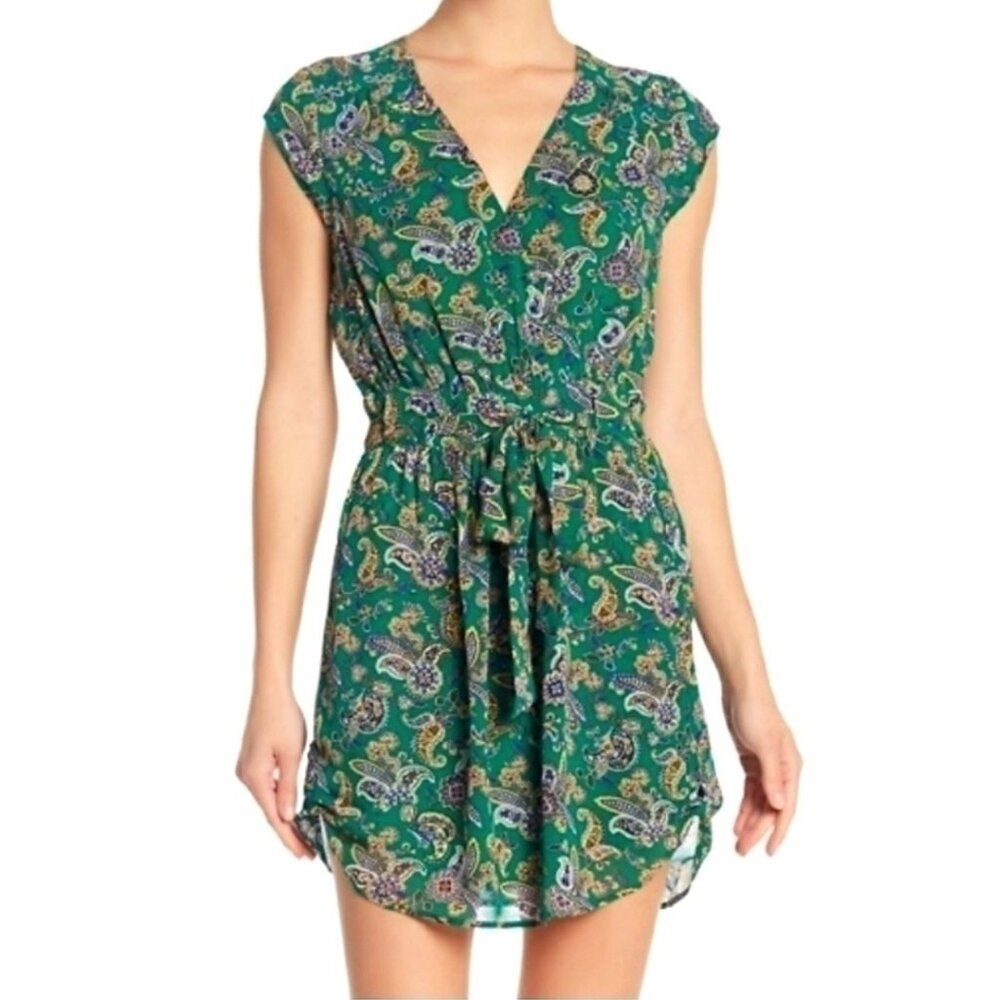 DR2 Paisley Print V-Neck Cap Sleeve Mini‎ Dress in Green Size M